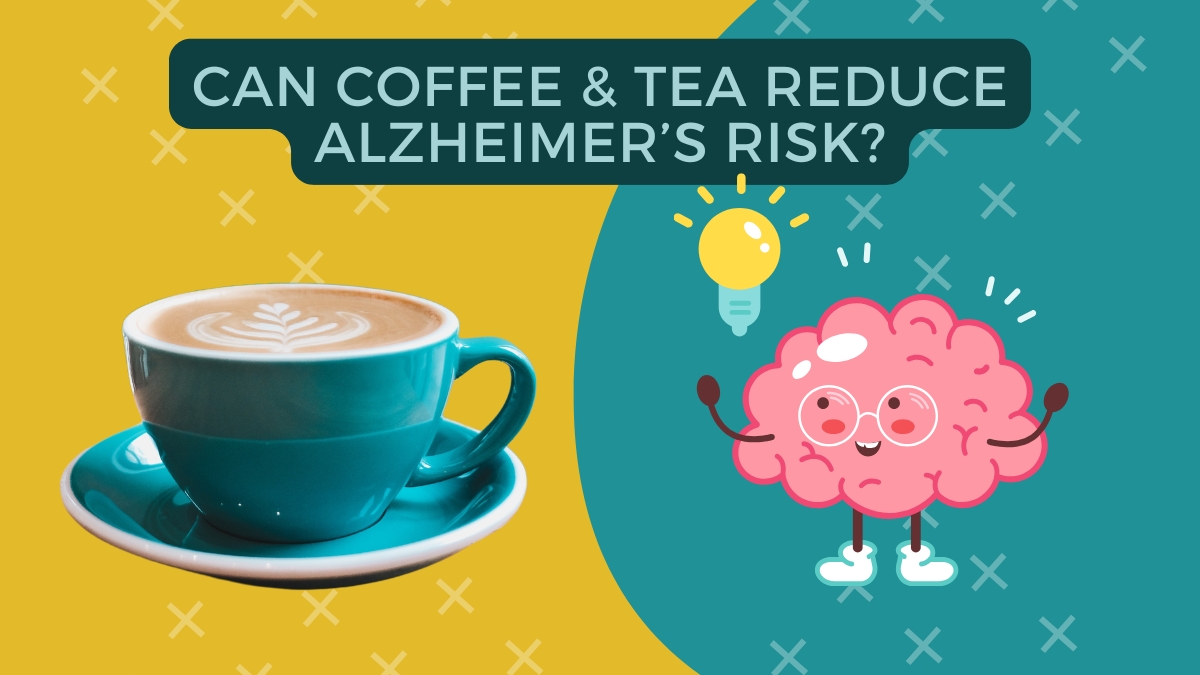 Coffee latte in turquoise cup with smart brain - Can Coffee & Tea Reduce Alzheimer's Risk? | Sipping Smart: How Coffee and Tea May Reduce Alzheimer's Risk | Creative Balance Health